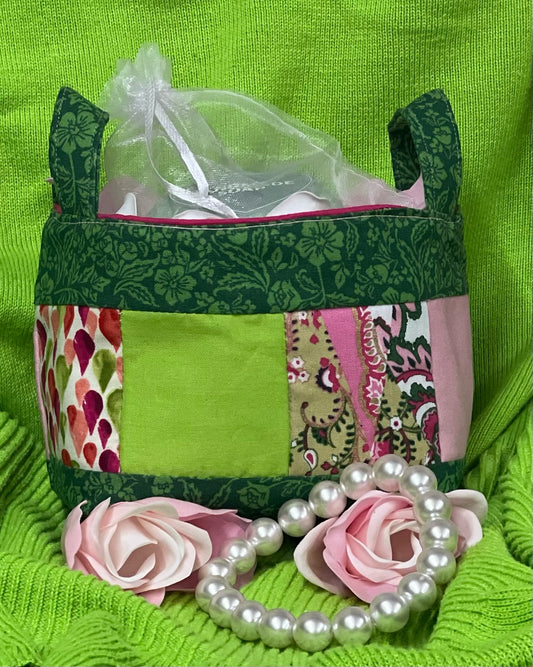 AKA Small Quilted Gift Basket (filled) - 6” wide x 4” tall x 3 1/2” deep