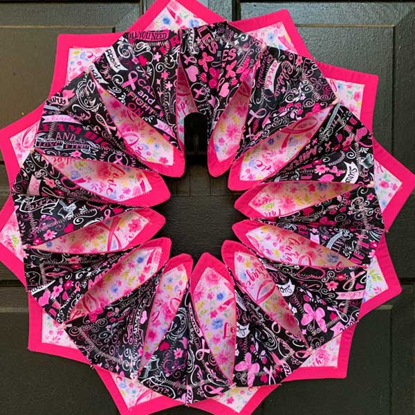 pink and black quilted wreath for breast cancer awareness